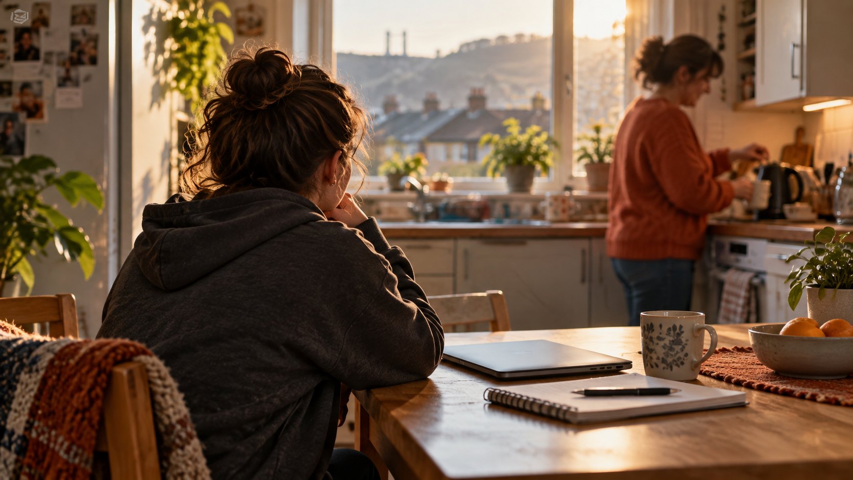 A young adult at a kitchen table while a family member makes tea nearby