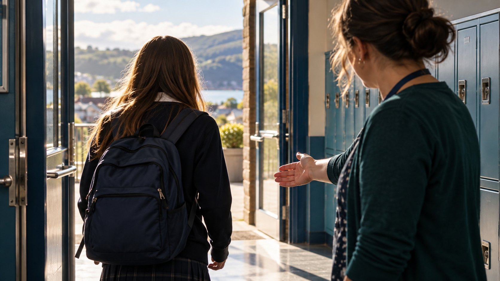A young person at a school doorway as a trusted adult offers a hand nearby